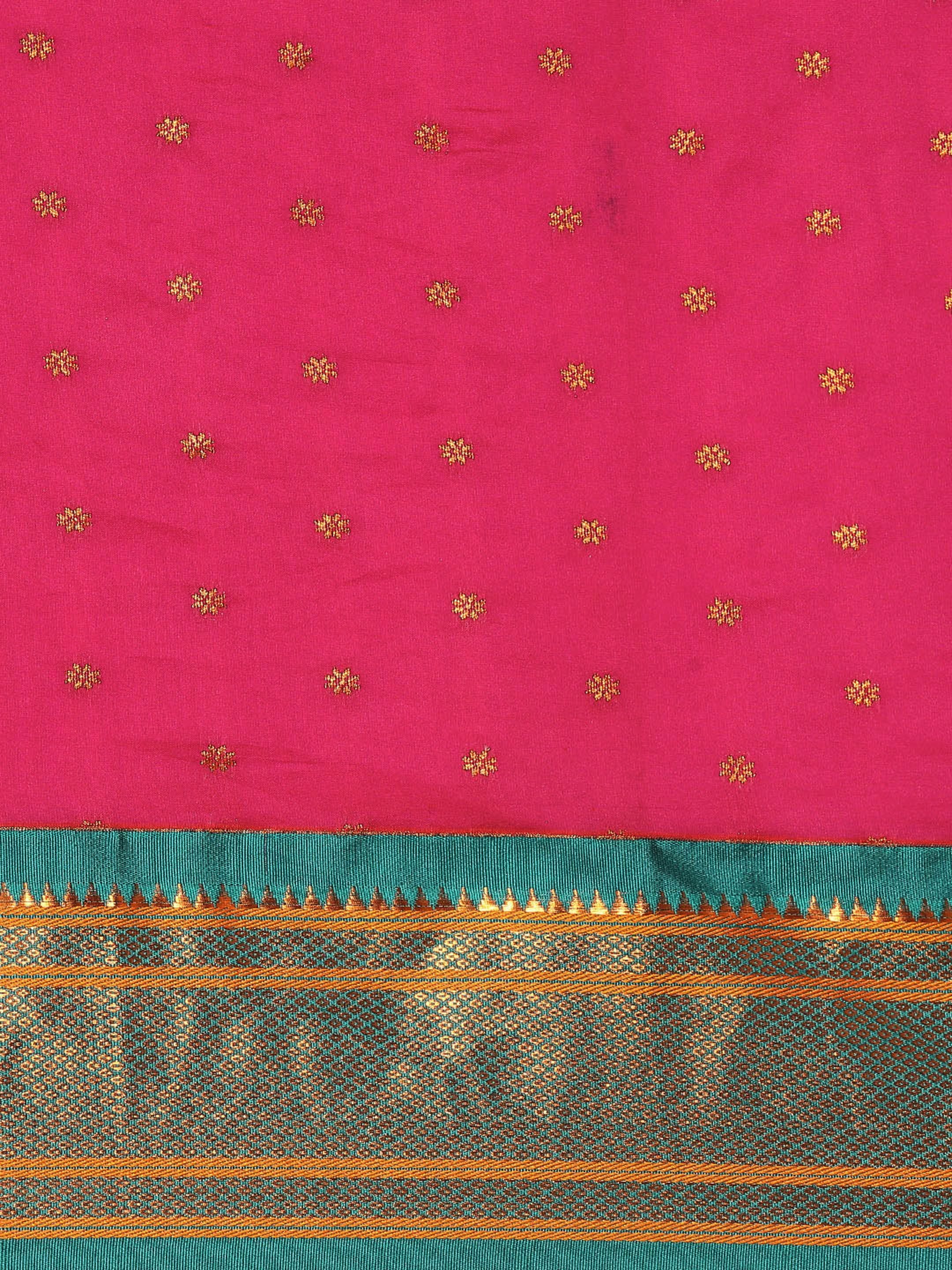 Double pallu paithani saree silk blend in magenta and rama with zari star butti - body fabric detail showing motif design for wedding wear