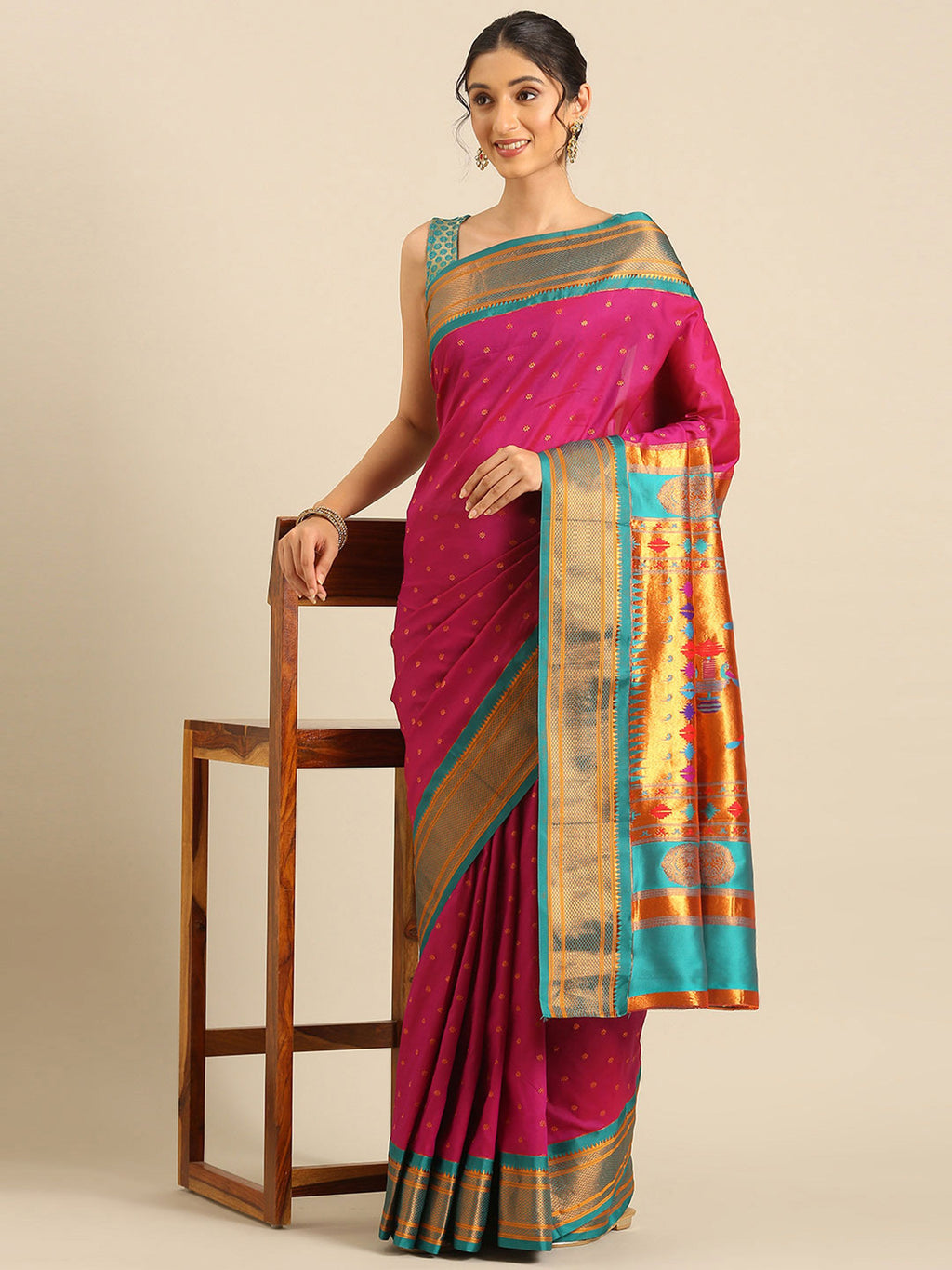Double pallu paithani saree silk blend in magenta and rama with zari star butti - styled model view for wedding wear