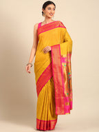 Double pallu paithani saree silk blend in mustard yellow and pink with zari star butti - front view for wedding wear