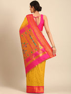 Double pallu paithani saree silk blend in mustard yellow and pink with zari star butti - back view showing pallu and border for wedding wear