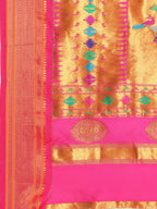 Double pallu paithani saree silk blend in mustard yellow and pink with zari star butti - pallu detail showing woven motif design for wedding wear