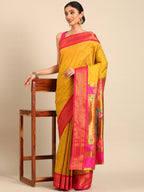 Double pallu paithani saree silk blend in mustard yellow and pink with zari star butti - styled model view for wedding wear