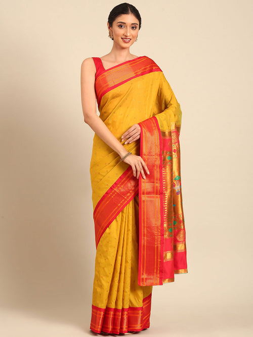 Double pallu paithani saree silk blend in mustard yellow and red with zari star butti - front view for wedding wear
