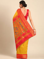 Double pallu paithani saree silk blend in mustard yellow and red with zari star butti - back view showing pallu and border for wedding wear