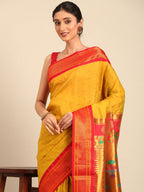 Double pallu paithani saree silk blend in mustard yellow and red with zari star butti - closeup view showing fabric and zari work for wedding wear