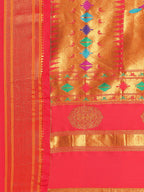 Double pallu paithani saree silk blend in mustard yellow and red with zari star butti - pallu detail showing woven motif design for wedding wear