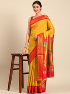 Double pallu paithani saree silk blend in mustard yellow and red with zari star butti - styled model view for wedding wear
