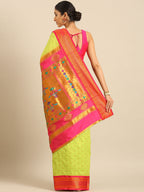 Double pallu paithani saree silk blend in popati and pink with zari star butti - back view showing pallu and border for wedding wear