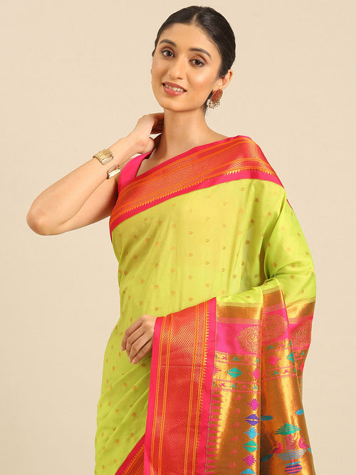 Double pallu paithani saree soft silk in popati and pink with zari star butti - closeup view showing fabric and zari work for wedding wear