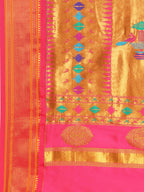 Double pallu paithani saree silk blend in popati and pink with zari star butti - pallu detail showing woven motif design for wedding wear