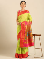 Double pallu paithani saree silk blend in popati and pink with zari star butti - styled model view for wedding wear