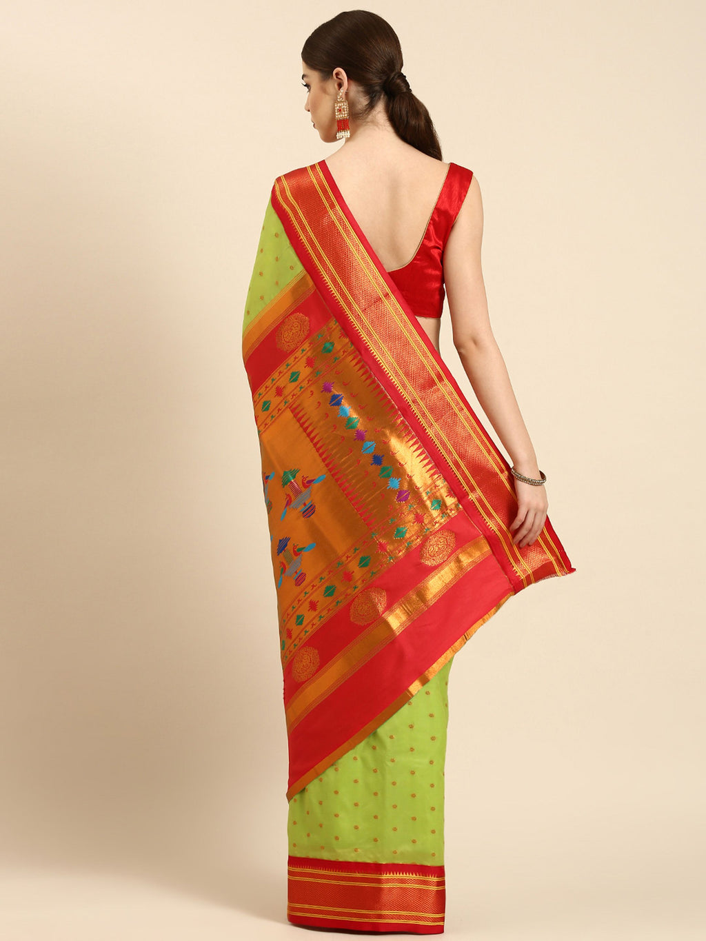 Double pallu paithani saree silk blend in popati and red with zari star butti - back view showing pallu and border for wedding wear