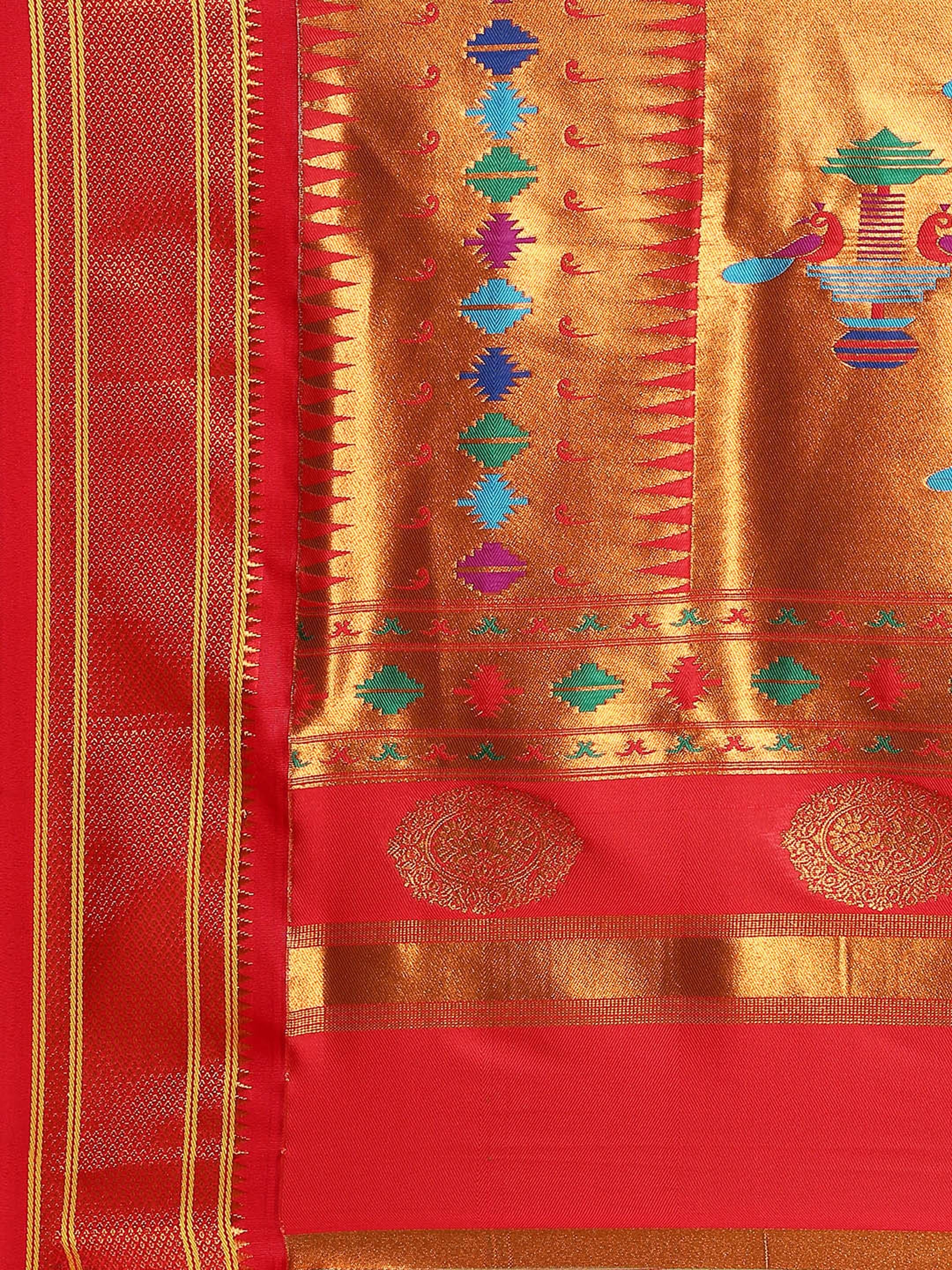 Double pallu paithani saree silk blend in popati and red with zari star butti - pallu detail showing woven motif design for wedding wear