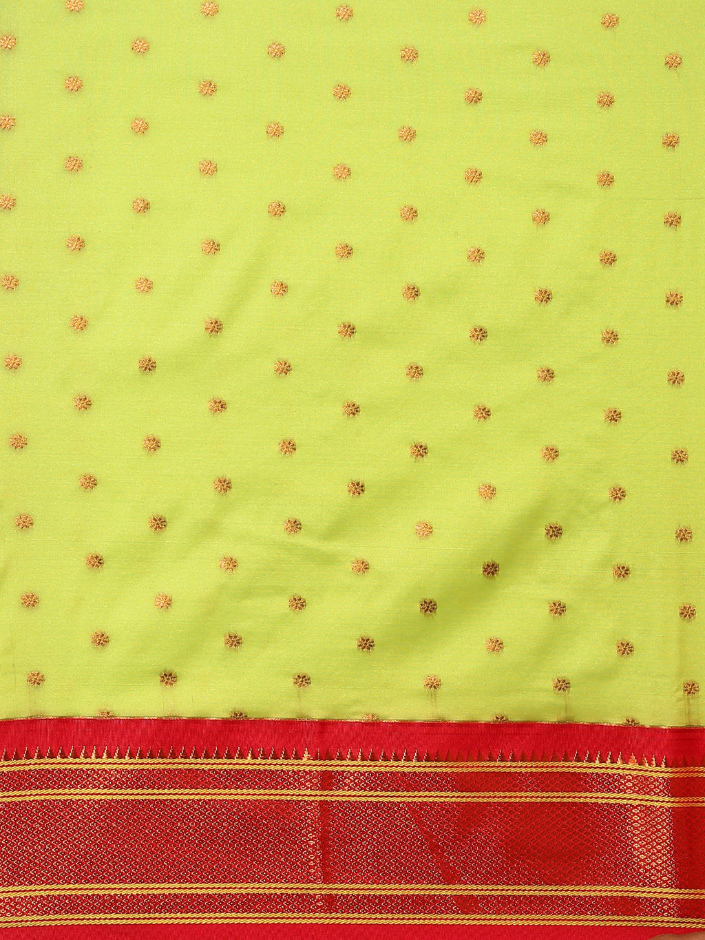 Double pallu paithani saree silk blend in popati and red with zari star butti - body fabric detail showing motif design for wedding wear