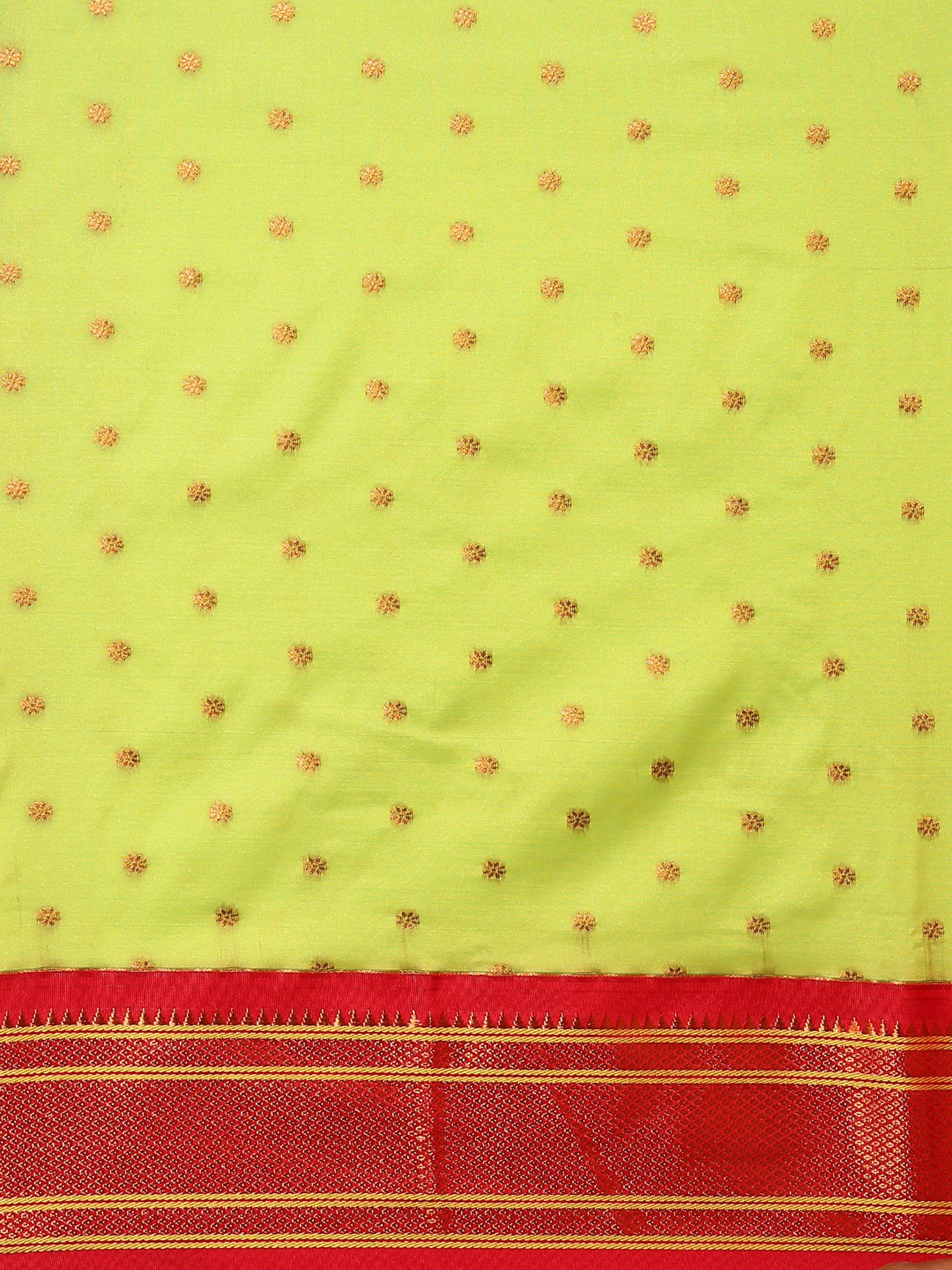 Double pallu paithani saree silk blend in popati and red with zari star butti - body fabric detail showing motif design for wedding wear