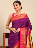 Double pallu paithani saree silk blend in purple and pink with zari star butti - closeup view showing fabric and zari work for wedding wear