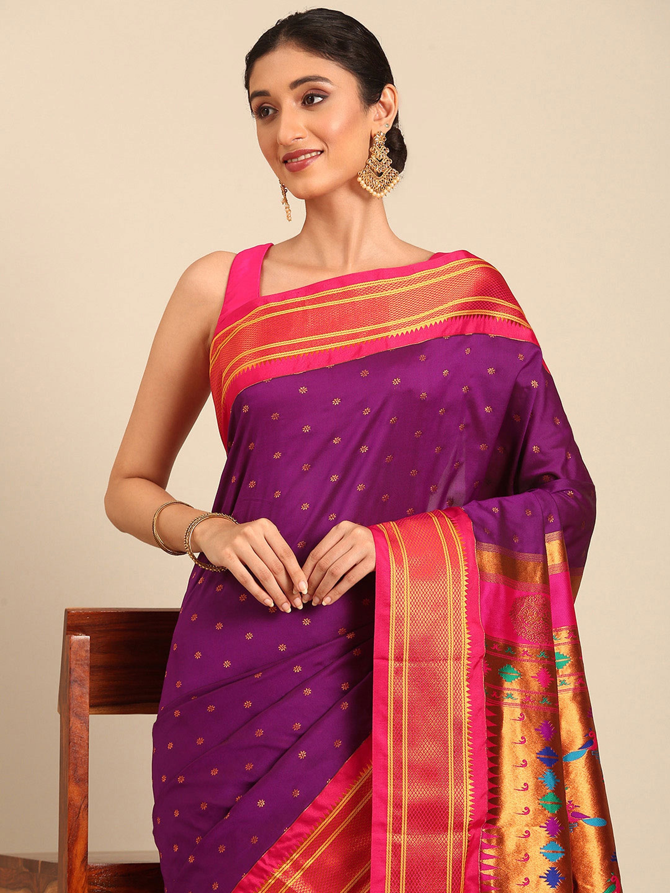 Double Pallu Paithani Saree Silk Blend | Zari Star Butti | Wedding Wear