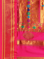 Double pallu paithani saree silk blend in purple and pink with zari star butti - pallu detail showing woven motif design for wedding wear