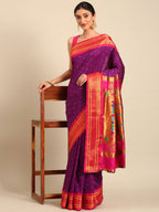 Double pallu paithani saree silk blend in purple and pink with zari star butti - styled model view for wedding wear