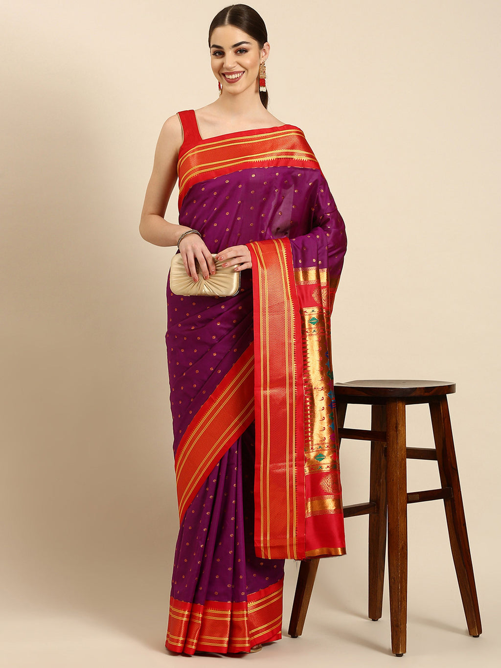 Double Pallu Paithani Saree Silk Blend | Zari Star Butti | Wedding Wear