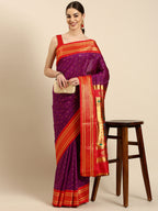 Double pallu paithani saree silk blend in purple and red with zari star butti - front view for wedding wear
