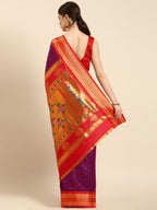 Double pallu paithani saree silk blend in purple and red with zari star butti - back view showing pallu and border for wedding wear