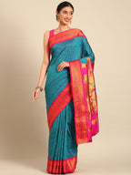 Double pallu paithani saree silk blend in rama green and pink with zari star butti - front view for wedding wear