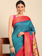 Double pallu paithani saree silk blend in rama green and pink with zari star butti - closeup view showing fabric and zari work for wedding wear