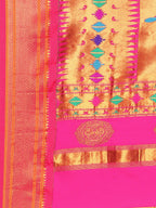 Double pallu paithani saree silk blend in rama green and pink with zari star butti - pallu detail showing woven motif design for wedding wear