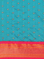 Double pallu paithani saree silk blend in rama green and pink with zari star butti - body fabric detail showing motif design for wedding wear
