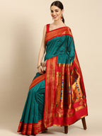 Double pallu paithani saree silk blend in rama green and red with zari star butti - front view for wedding wear