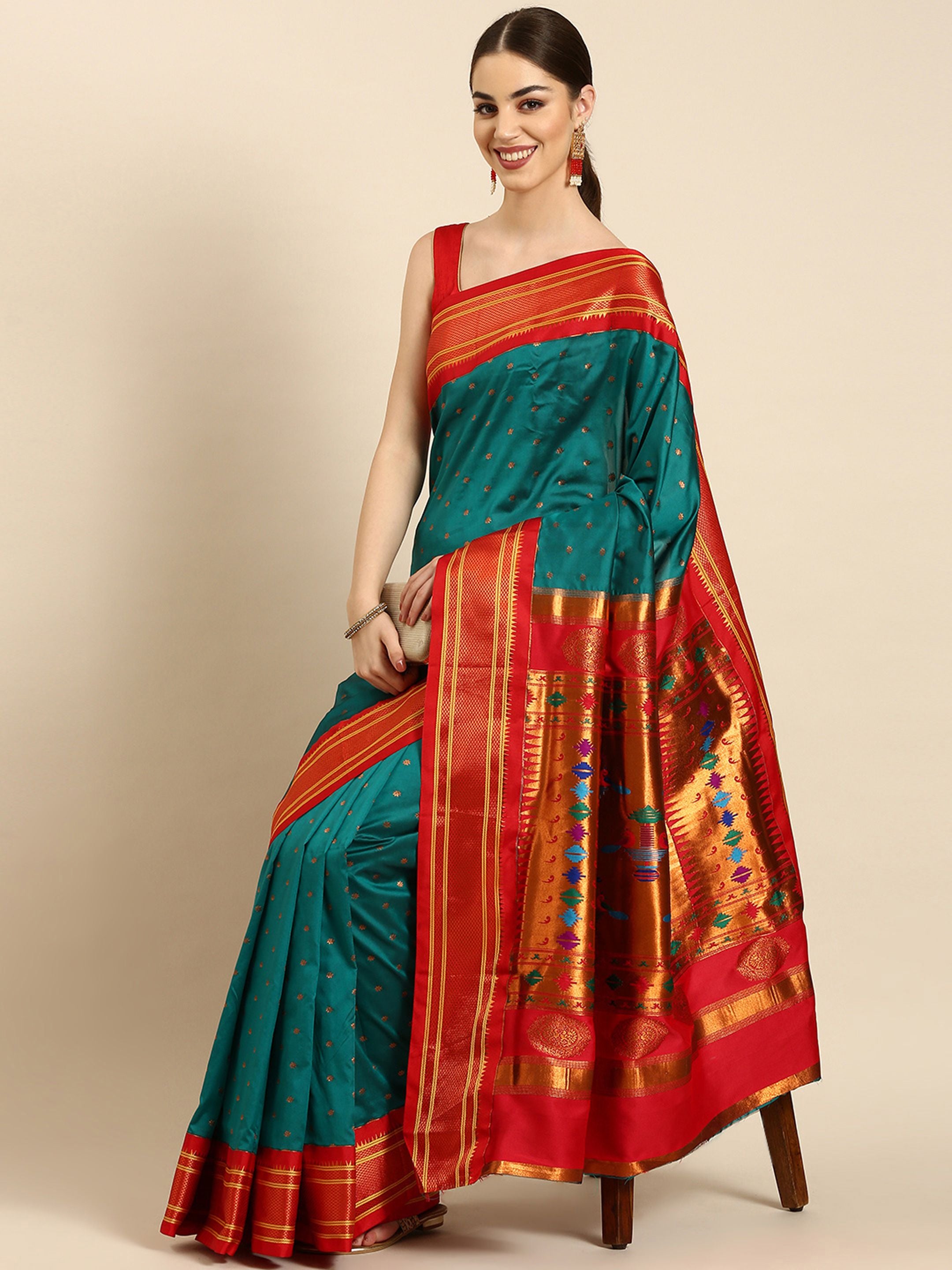 Double Pallu Paithani Saree Silk Blend | Zari Star Butti | Wedding Wear