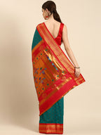 Double pallu paithani saree silk blend in rama green and red with zari star butti - back view showing pallu and border for wedding wear