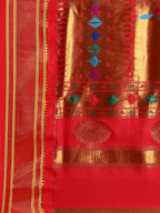 Double pallu paithani saree silk blend in rama green and red with zari star butti - pallu detail showing woven motif design for wedding wear
