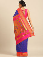 Double pallu paithani saree silk blend in royal blue and pink with zari star butti - back view showing pallu and border for wedding wear