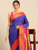 Double pallu paithani saree silk blend in royal blue and pink with zari star butti - closeup view showing fabric and zari work for wedding wear