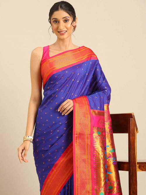 Double pallu paithani saree soft silk in royal blue and pink with zari star butti - closeup view showing fabric and zari work for wedding wear