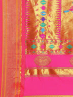 Double pallu paithani saree silk blend in royal blue and pink with zari star butti - pallu detail showing woven motif design for wedding wear