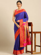 Double pallu paithani saree silk blend in royal blue and pink with zari star butti - styled model view for wedding wear