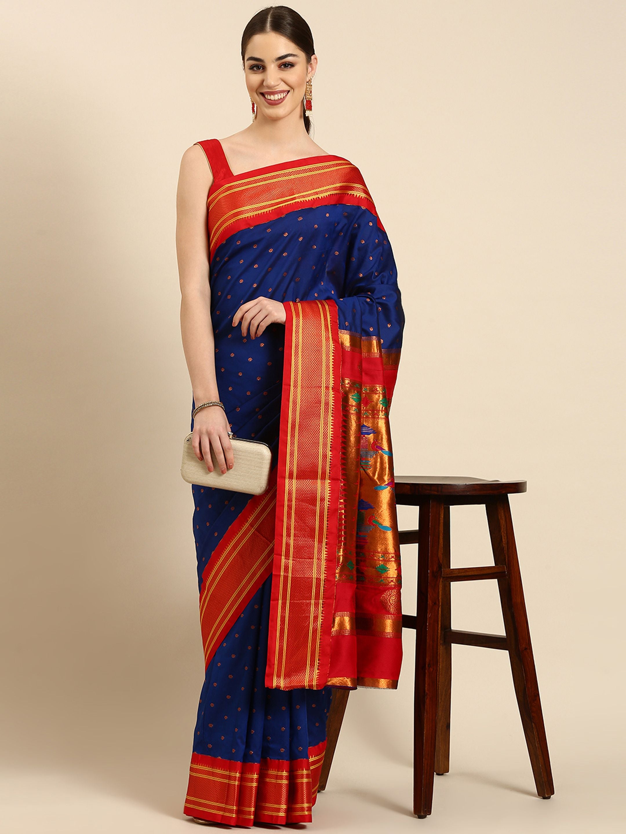 Double Pallu Paithani Saree Silk Blend | Zari Star Butti | Wedding Wear