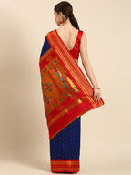 Double pallu paithani saree silk blend in royal blue and red with zari star butti - back view showing pallu and border for wedding wear