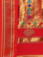 Double pallu paithani saree silk blend in royal blue and red with zari star butti - pallu detail showing woven motif design for wedding wear