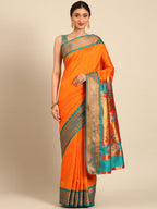 Double pallu paithani saree silk blend in saffron and rama with zari star butti - front view for wedding wear
