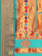 Double pallu paithani saree silk blend in saffron and rama with zari star butti - pallu detail showing woven motif design for wedding wear