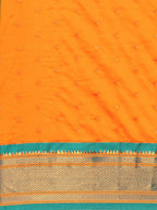 Double pallu paithani saree silk blend in saffron and rama with zari star butti - body fabric detail showing motif design for wedding wear