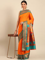 Double pallu paithani saree silk blend in saffron and rama with zari star butti - styled model view for wedding wear