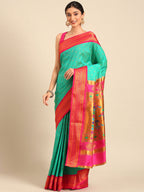 Double pallu paithani saree silk blend in sea green and pink with zari star butti - front view for wedding wear