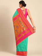 Double pallu paithani saree silk blend in sea green and pink with zari star butti - back view showing pallu and border for wedding wear