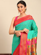 Double pallu paithani saree silk blend in sea green and pink with zari star butti - closeup view showing fabric and zari work for wedding wear