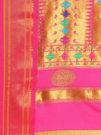 Double pallu paithani saree silk blend in sea green and pink with zari star butti - pallu detail showing woven motif design for wedding wear